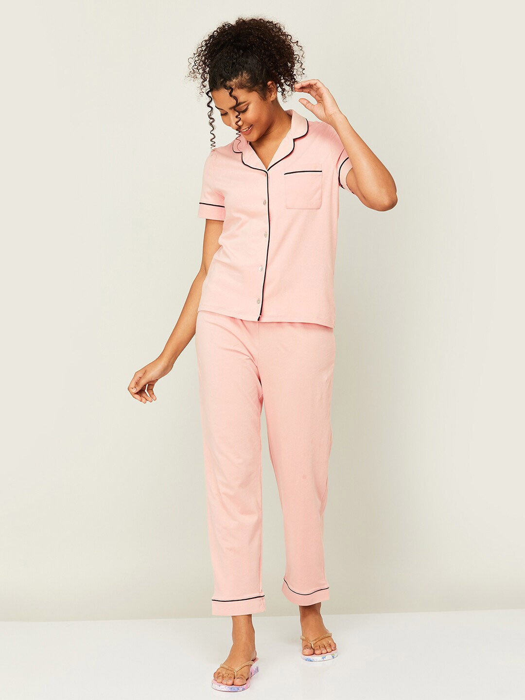 

Ginger by Lifestyle Lapel Collar Pure Cotton Night Suit, Pink