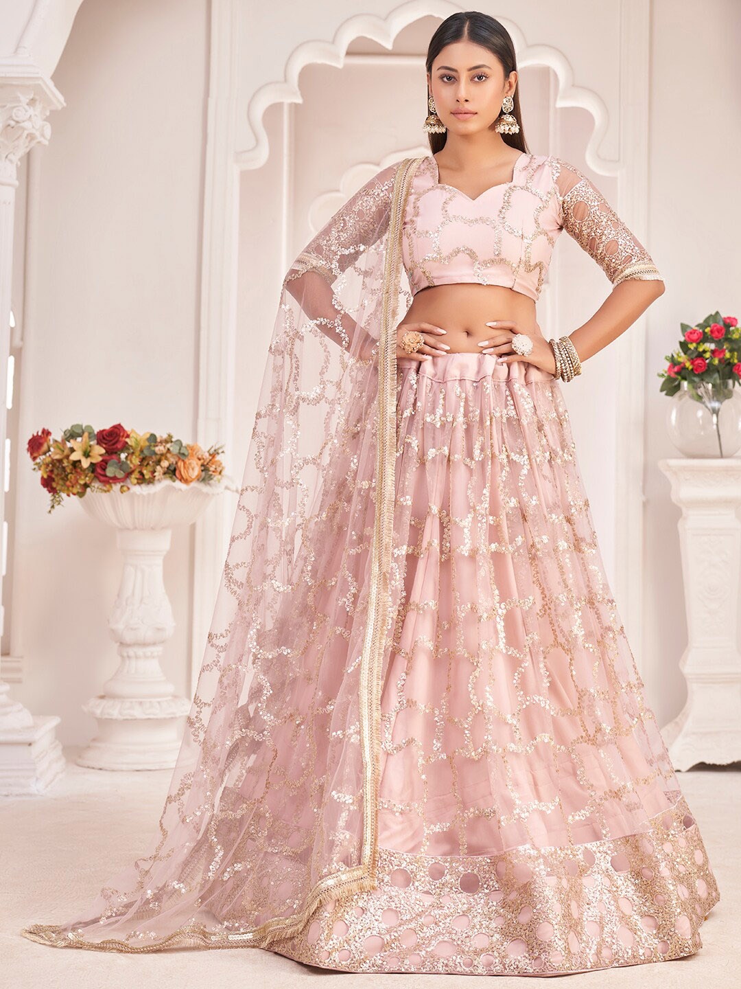 

FABPIXEL Embroidered Thread Work Semi-Stitched Lehenga & Unstitched Blouse With Dupatta, Pink