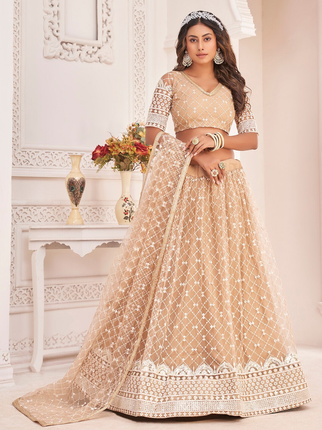 

FABPIXEL Embroidered Thread Work Semi-Stitched Lehenga & Unstitched Blouse With Dupatta, Beige