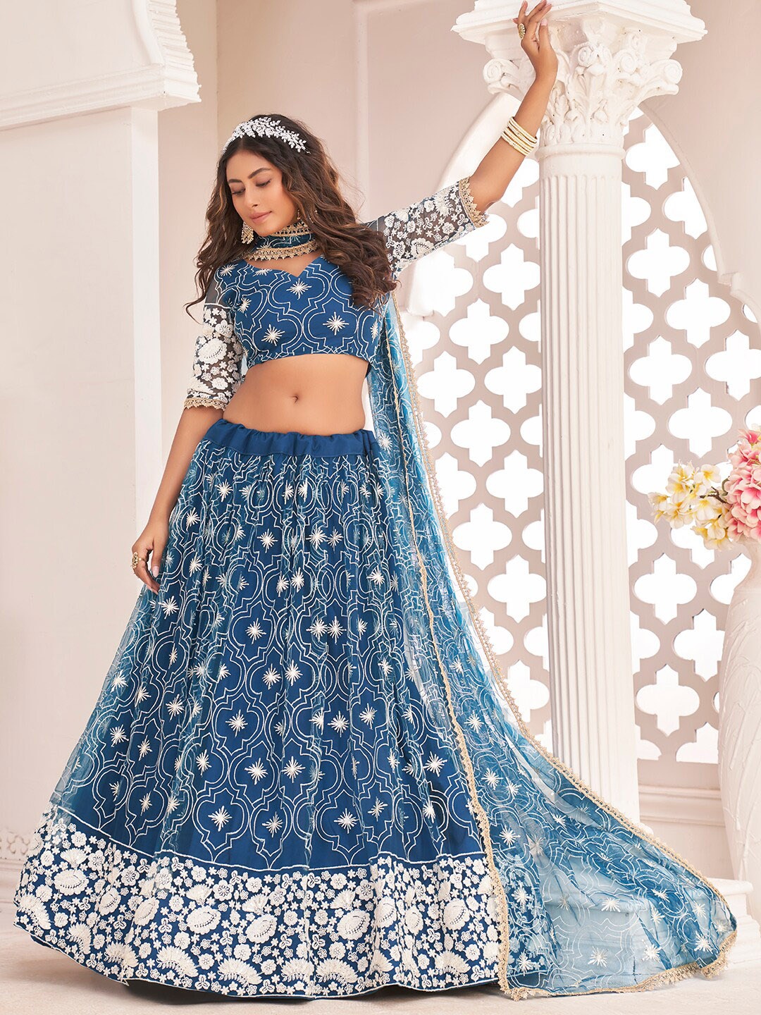 

FABPIXEL Embroidered Net Semi-Stitched Lehenga & Unstitched Blouse With Dupatta, Turquoise blue