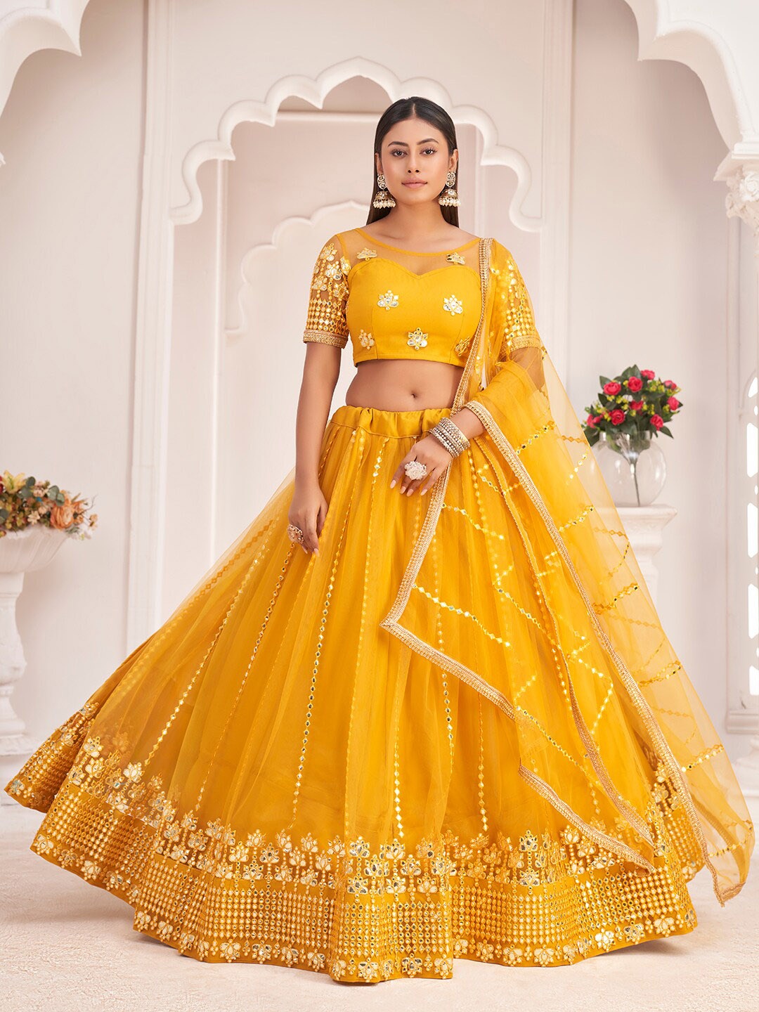 

FABPIXEL Embroidered Thread Work Semi-Stitched Lehenga & Unstitched Blouse With Dupatta, Mustard