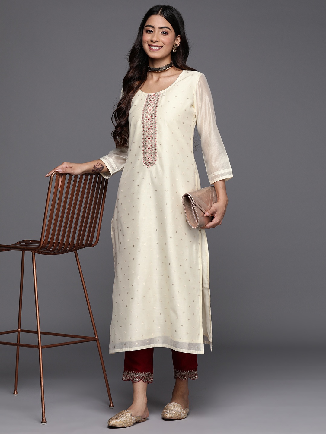 

Libas Embellished Zari Pastel Chanderi Silk Kurta, Cream