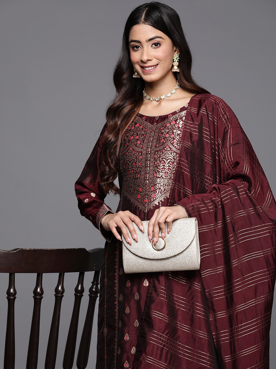 

Libas Women Burgundy Ethnic Motifs Regular Kurta with Trousers & With Dupatta