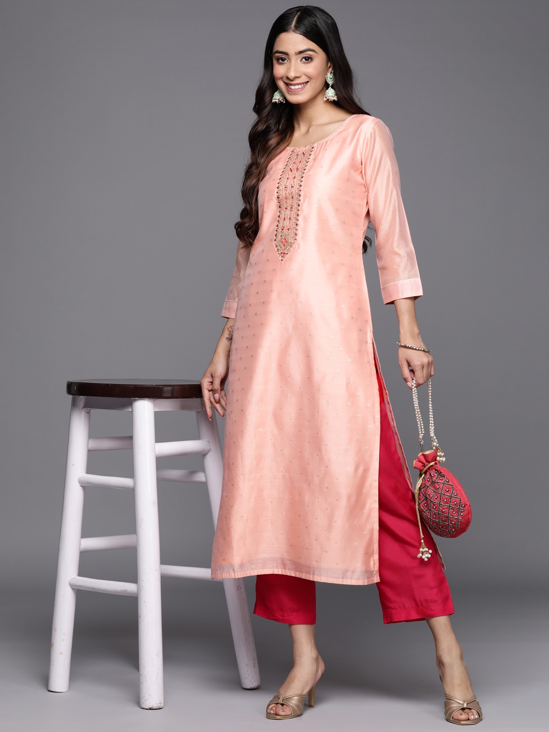 

Libas Floral Yoke Design Pastels Chanderi Silk Chanderi Silk Kurta, Peach