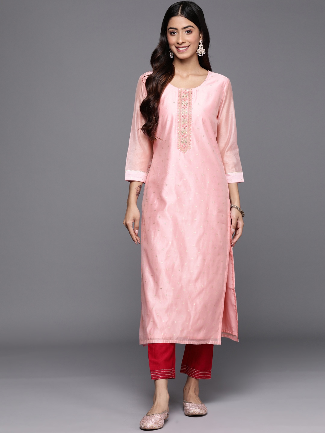 

Libas Floral Embroidered Pastels Chanderi Silk Kurta, Pink