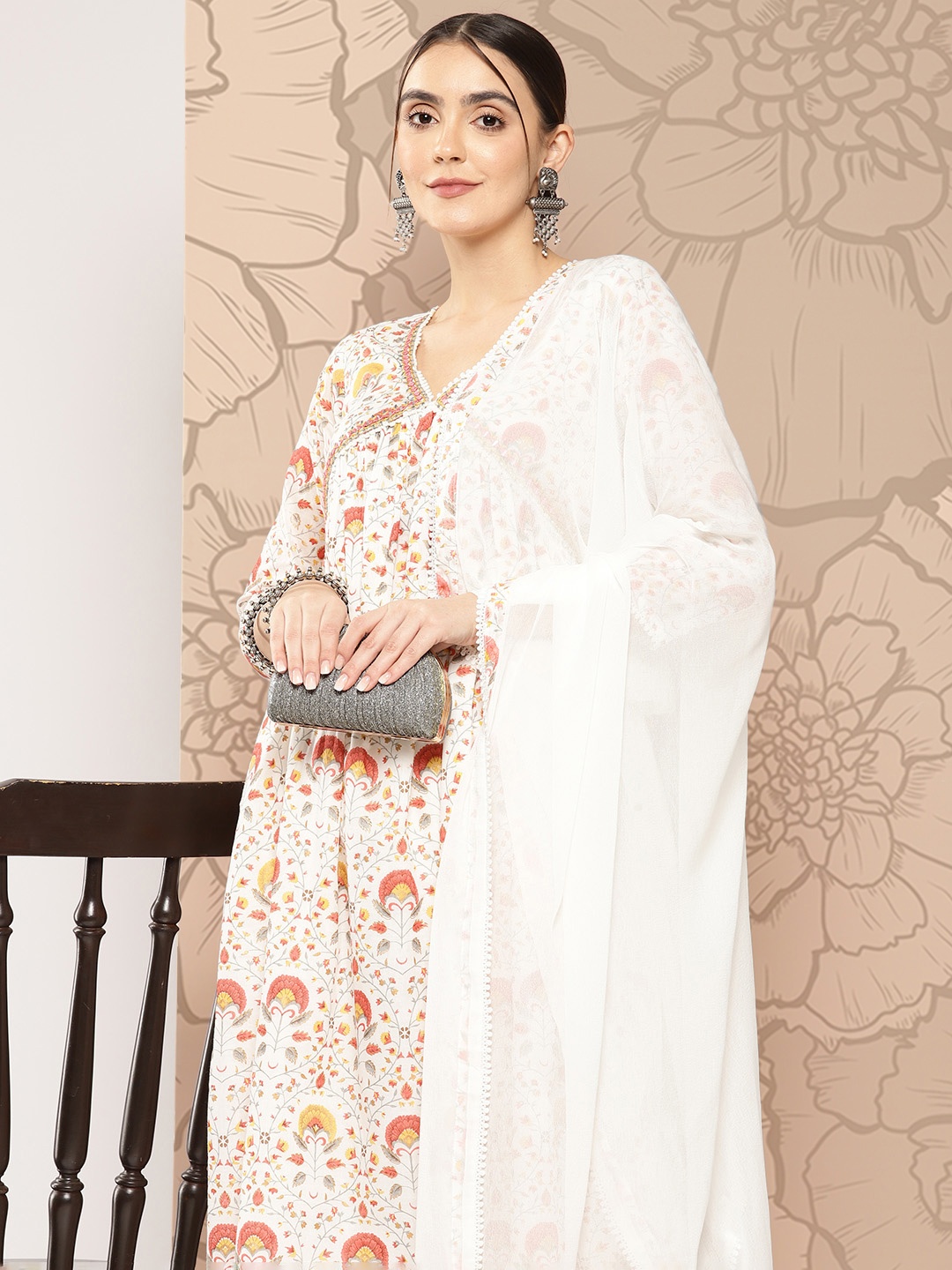 

Libas Floral Printed High Slit Gotta Patti Pure Cotton Kurta with Trousers & With Dupatta, White