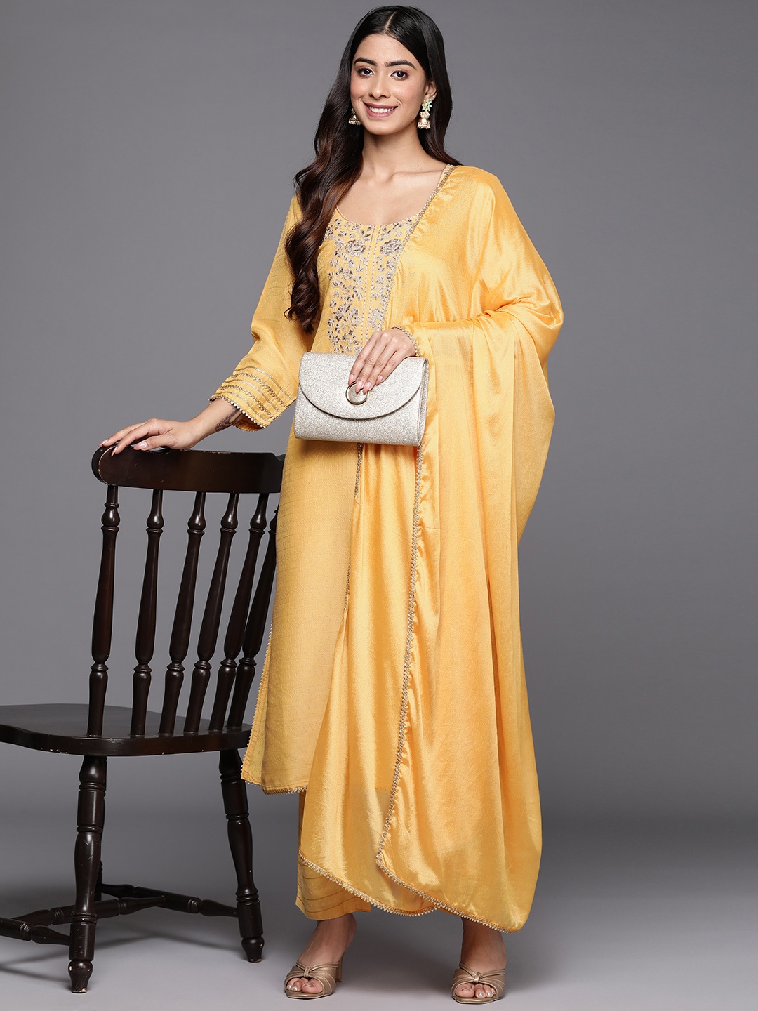 

Libas Floral Yoke Design Thread Work Kurta with Trousers & With Dupatta, Yellow