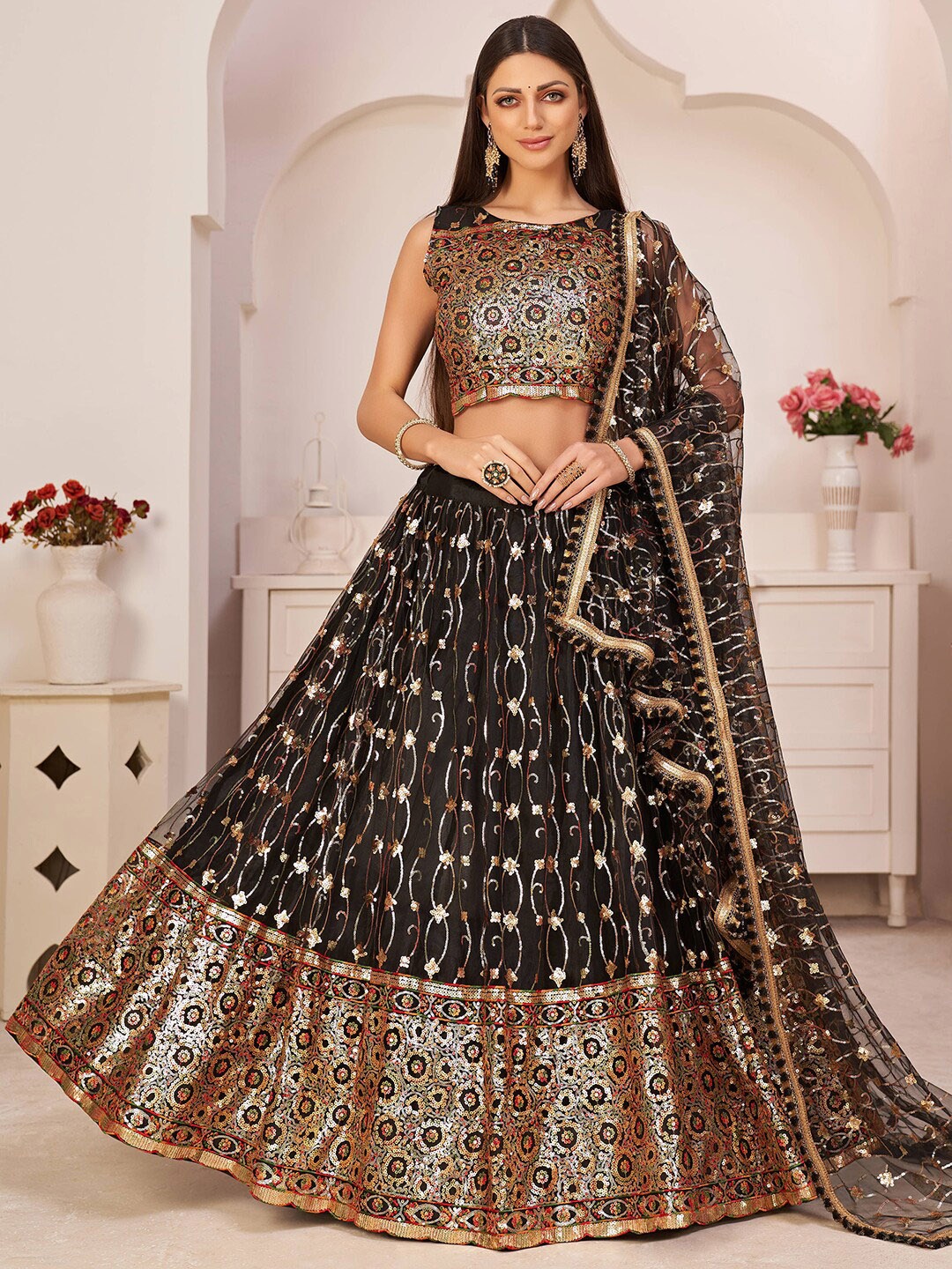 

FABPIXEL Embroidered Net Semi-Stitched Lehenga & Unstitched Blouse With Dupatta, Black