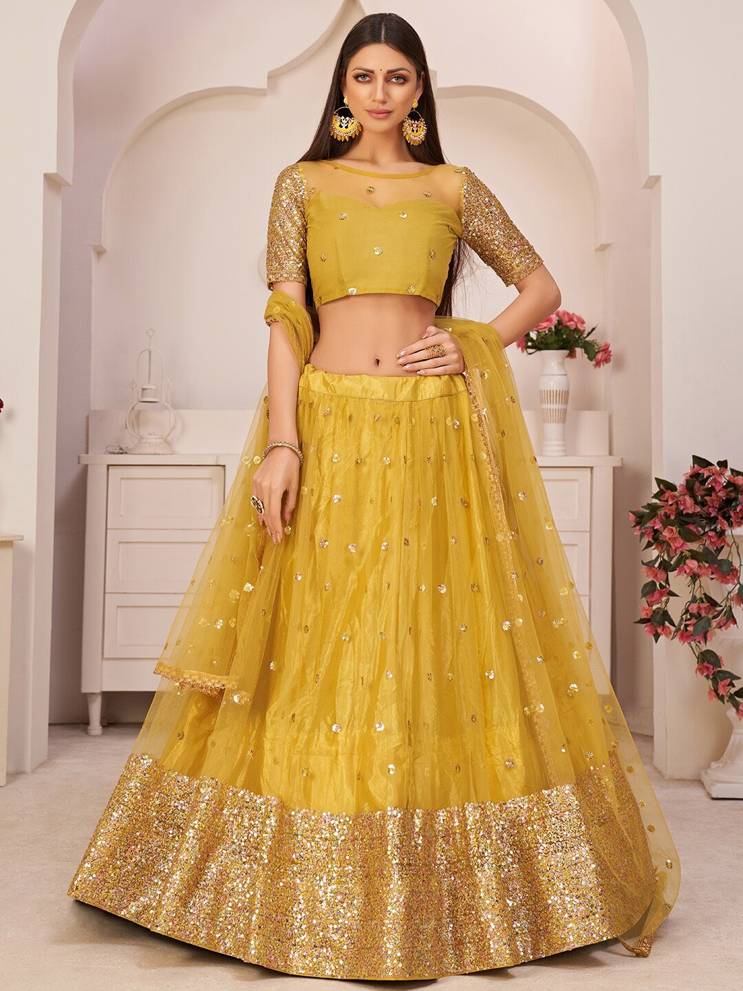 

FABPIXEL Embroidered Sequinned Semi-Stitched Lehenga & Unstitched Blouse With Dupatta, Yellow