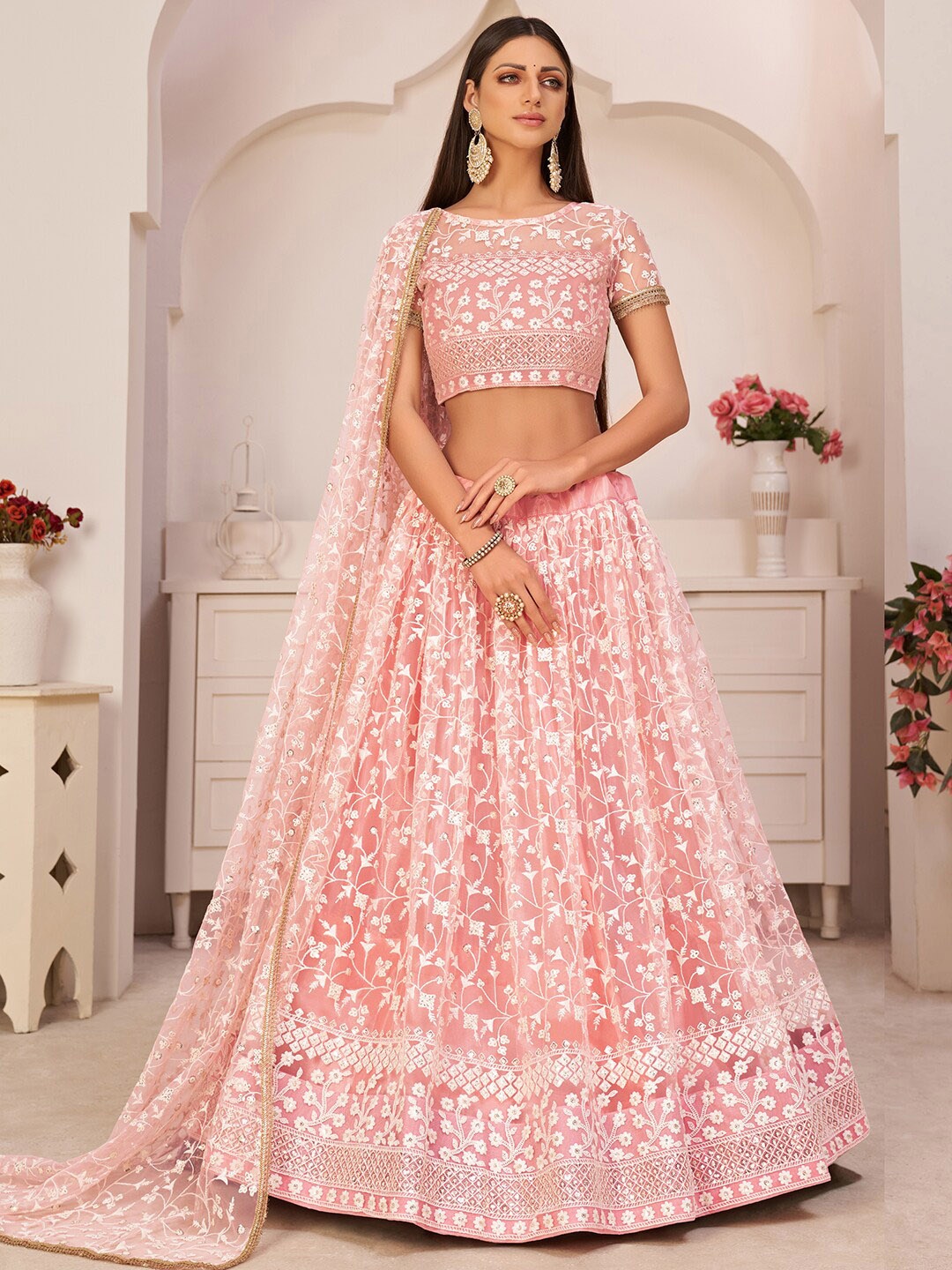 

FABPIXEL Embroidered Thread Work Semi-Stitched Lehenga & Unstitched Blouse With Dupatta, Pink