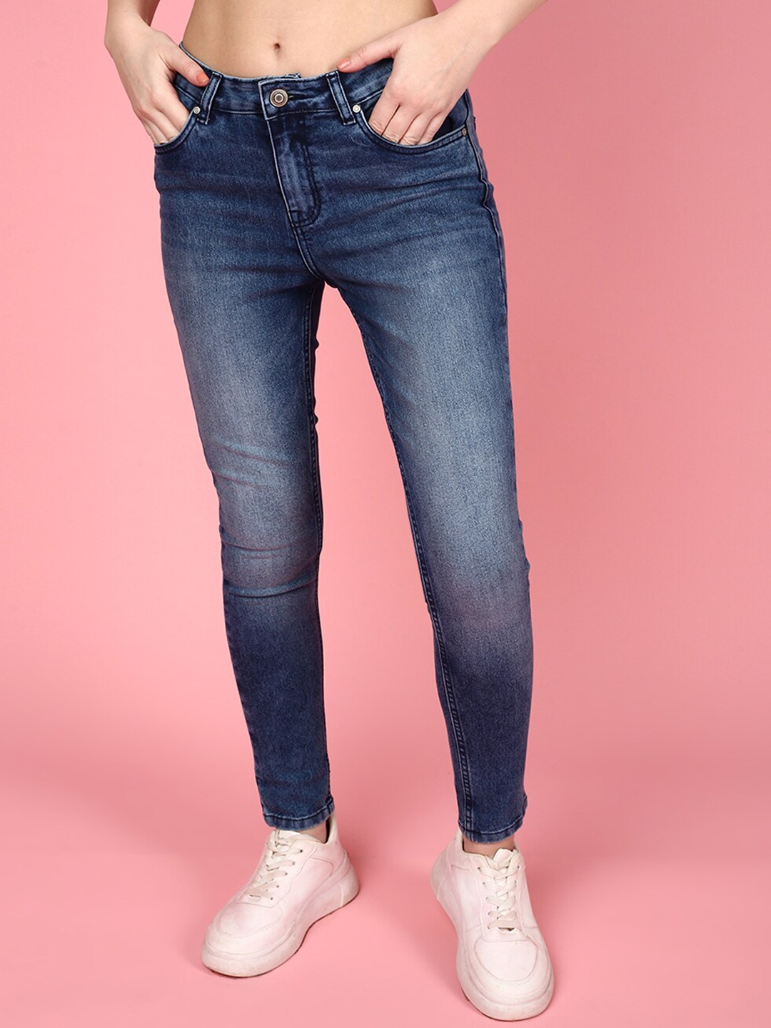 

JUNEBERRY Women Skinny Fit Low-Rise Heavy Fade Stretchable Cotton Jeans, Blue