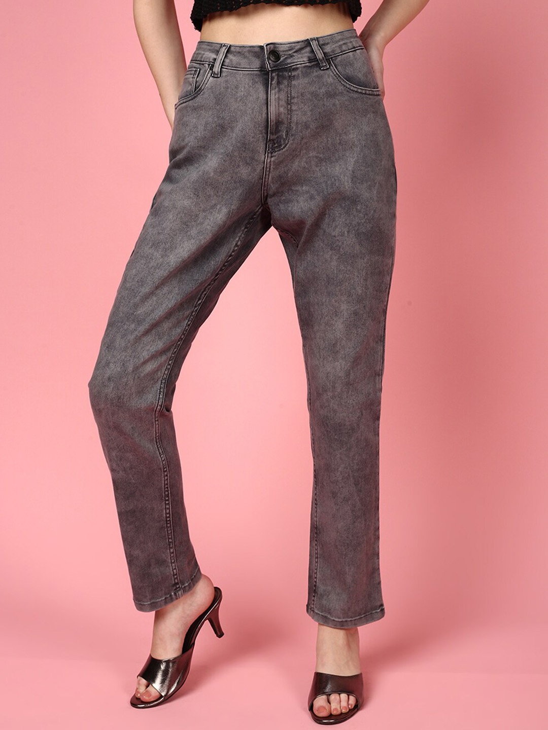 

JUNEBERRY Women Original Straight Fit High-Rise Heavy Fade Stretchable Cotton Jeans, Grey