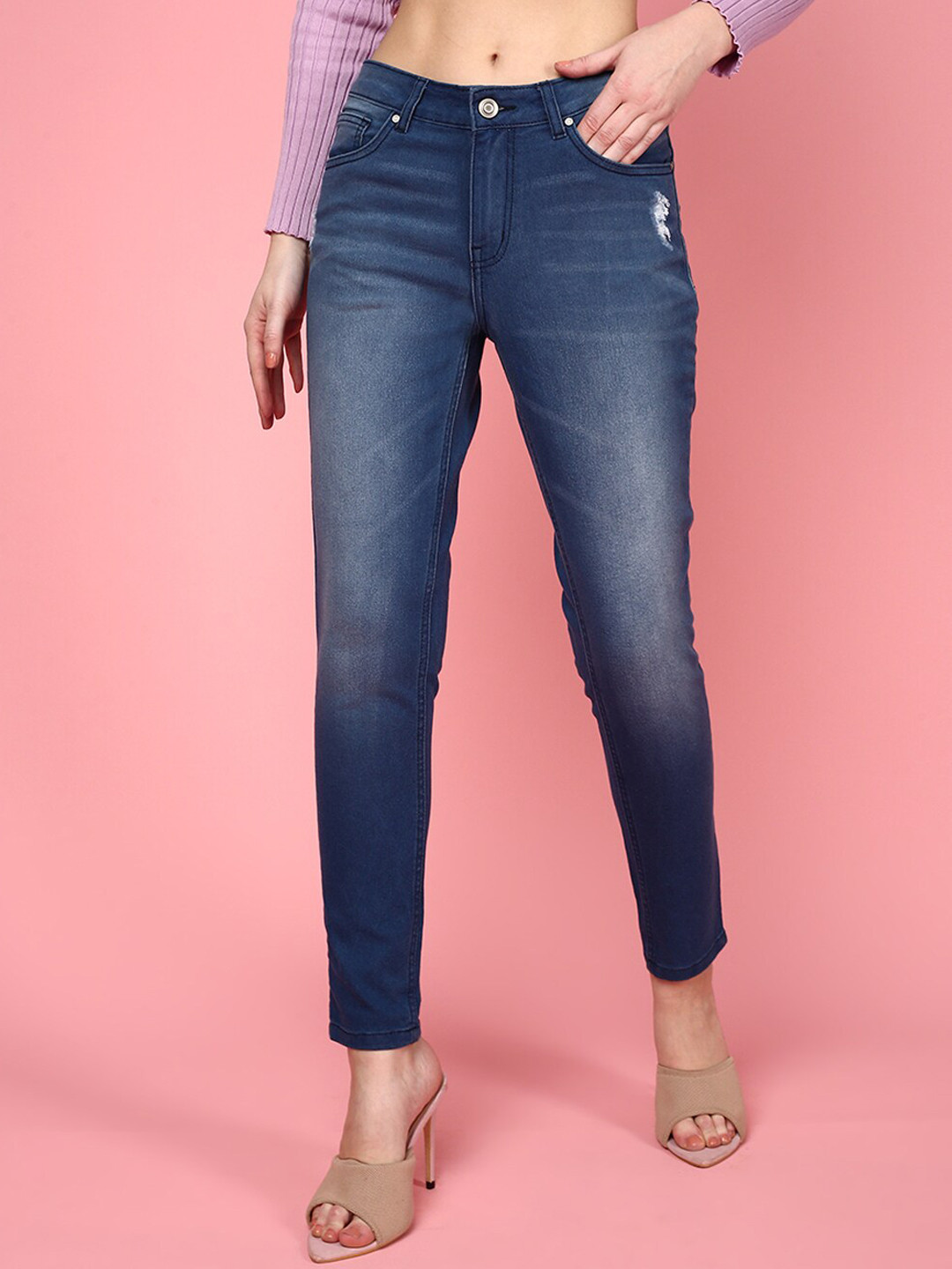 

JUNEBERRY Women Original Skinny Fit Low Distress Heavy Fade Stretchable Cotton Jeans, Blue