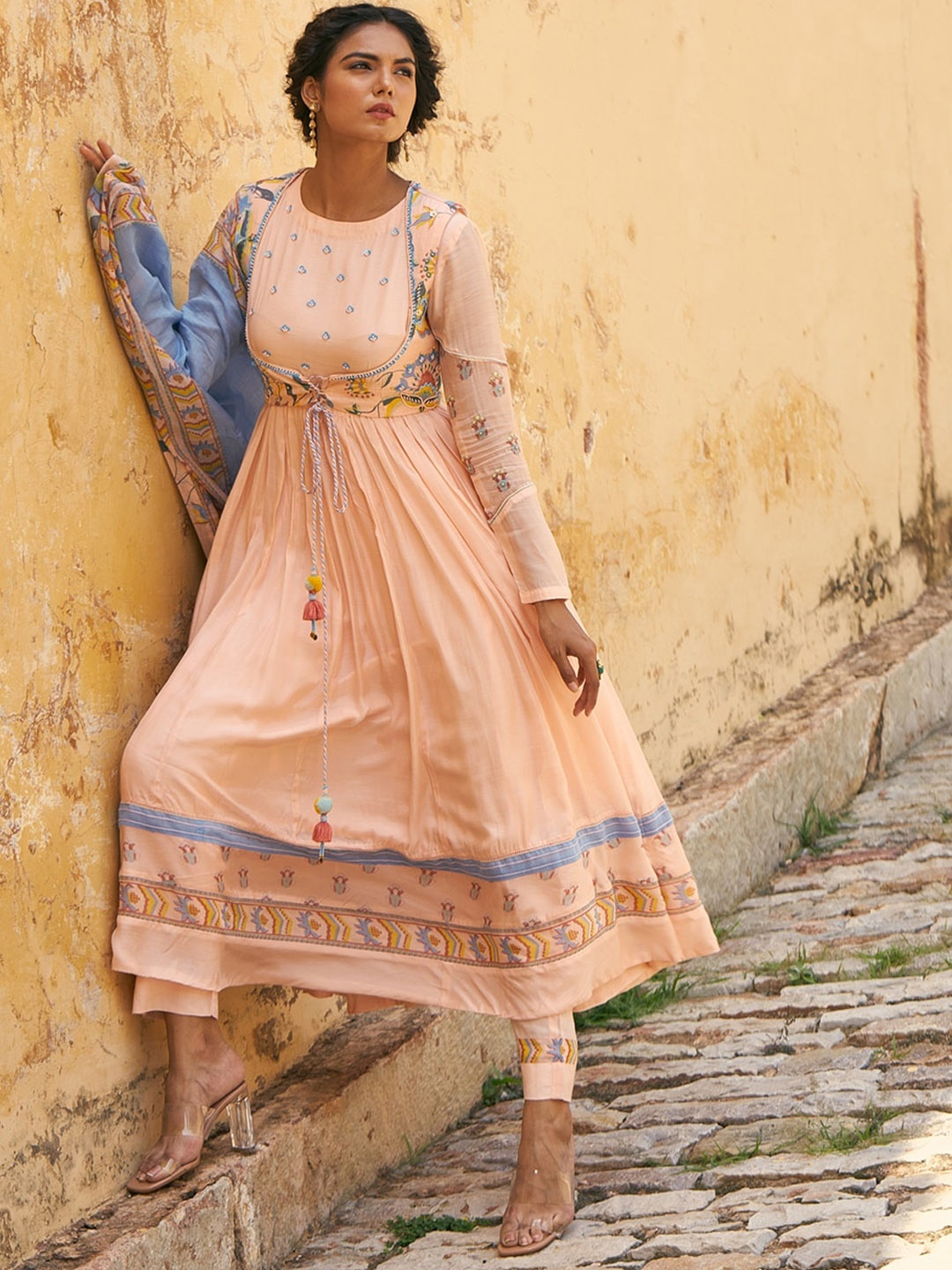 

Baise Gaba Pleated Ethnic Motifs Printed Beads And Stoned Detail Anarkali Kurta, Peach