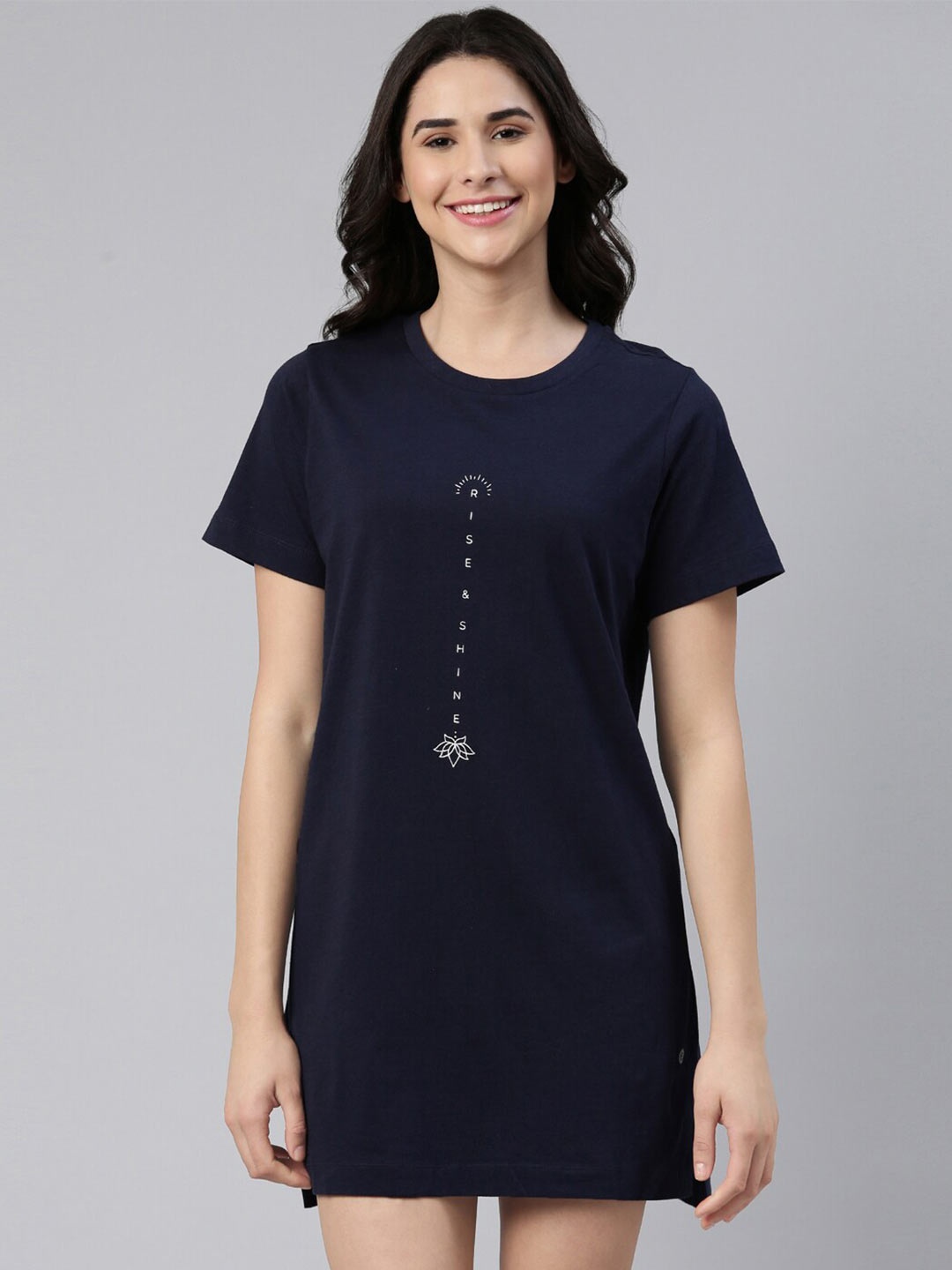 

Enamor Printed Crew Neck Pure Cotton T-shirt Night Dress, Blue