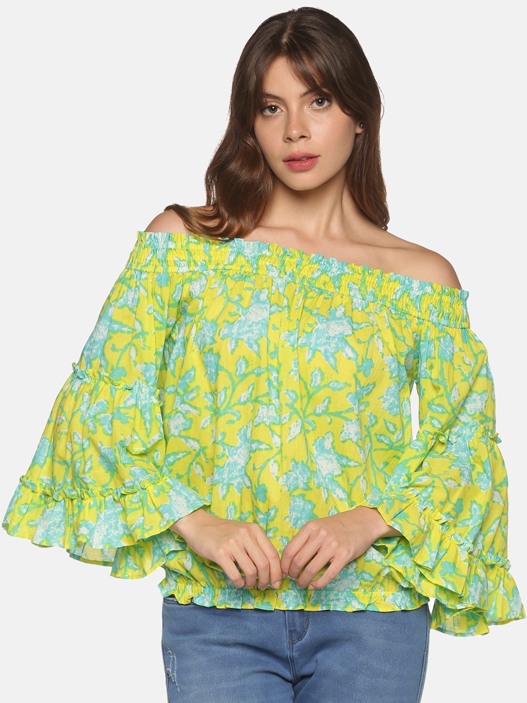 

Saffron Threads Lime Floral Print Off-Shoulder Bardot Top, Lime green