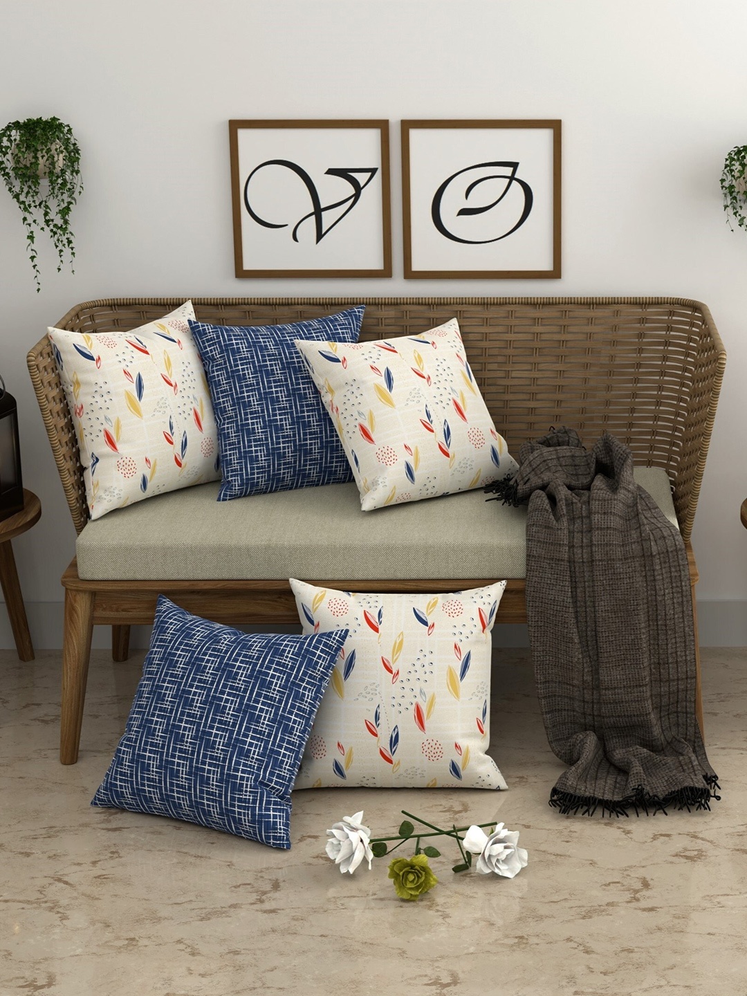 

CHHAVI INDIA Blue & White 5 Pcs Abstract Square Cushion Covers