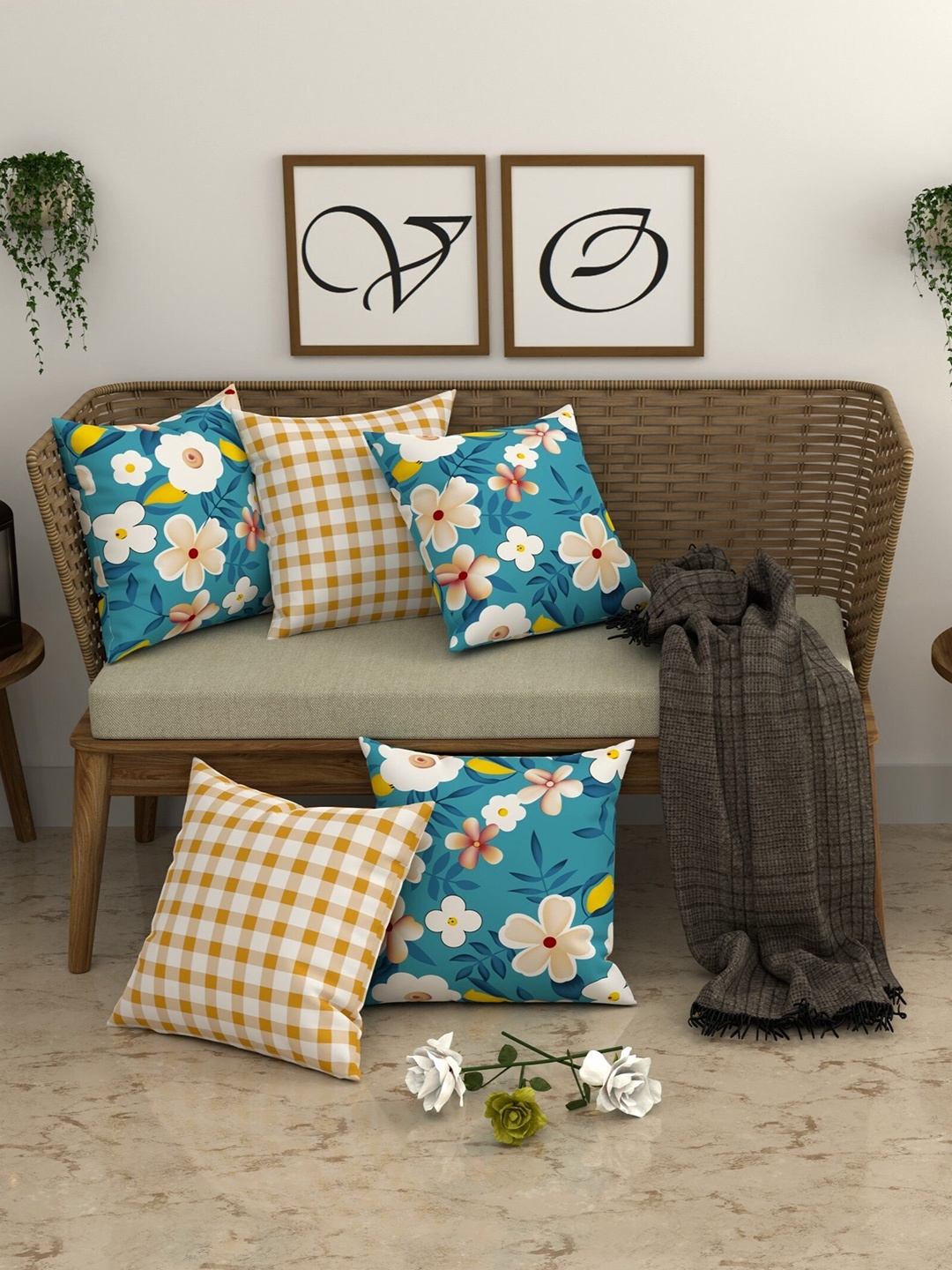 

CHHAVI INDIA Beige & Blue 5 Pcs Floral Square Cushion Covers