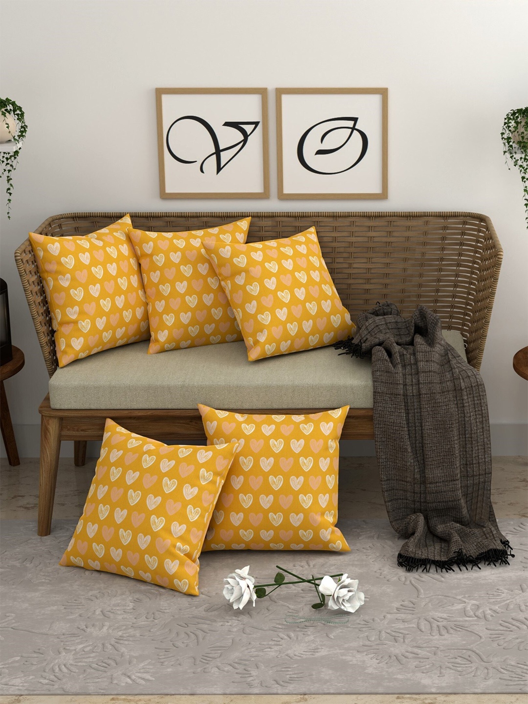 

CHHAVI INDIA Yellow & White 5 Pcs Geometric Square Cushion Covers