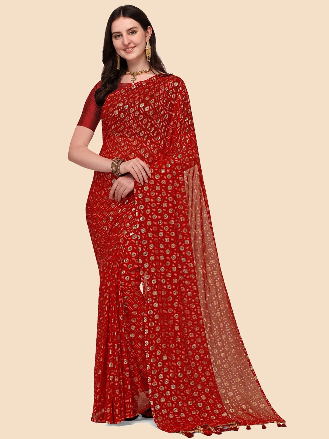 

Kasak Floral Printed Bandhani Saree, Red