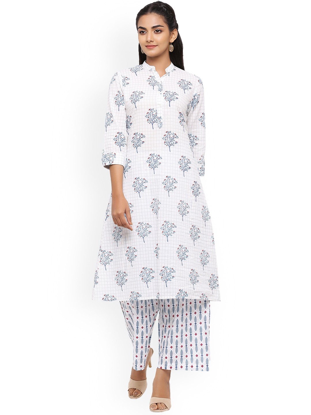 

mirari Women White Floral Printed Pure Cotton Kurta with Palazzos