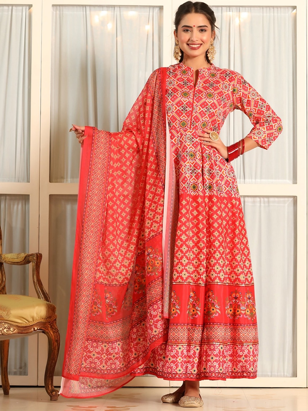 

mirari Ethnic Motifs Printed Fit & Flare Ethnic Dress & Dupatta, Red