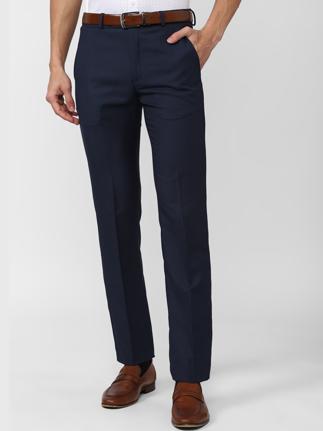 

Van Heusen Men Textured Flat-Front Mid-Rise Slim Fit Formal Trousers, Navy blue