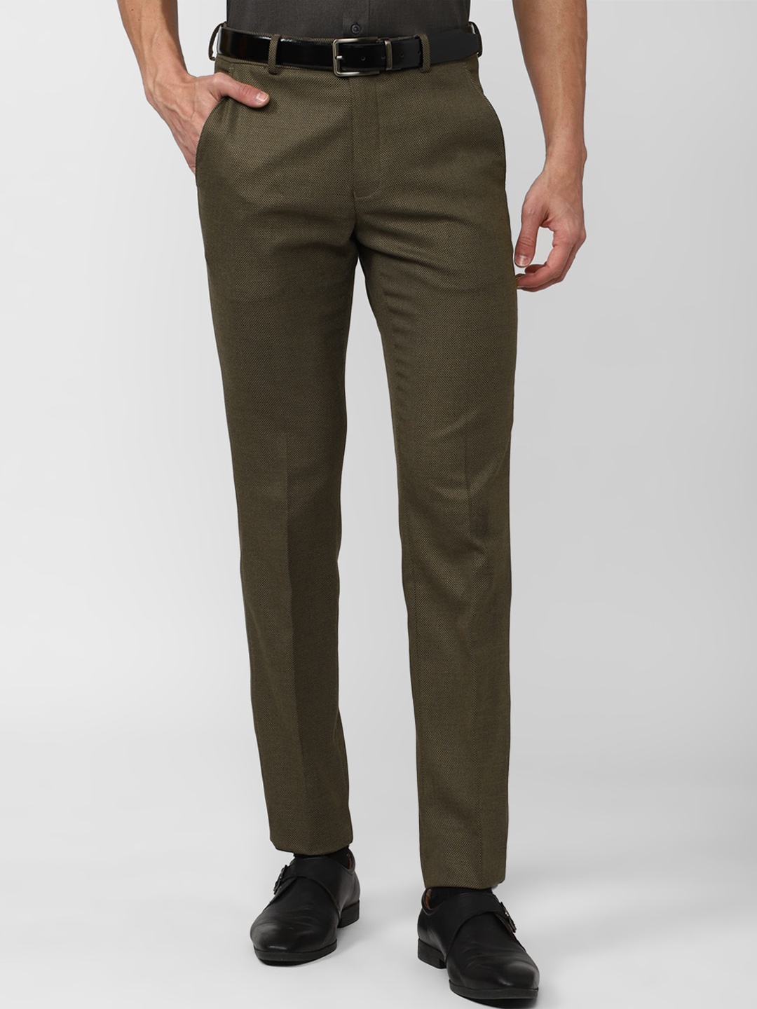 

Van Heusen Men Flat-Front Mid-Rise Slim Fit Formal Trousers, Olive