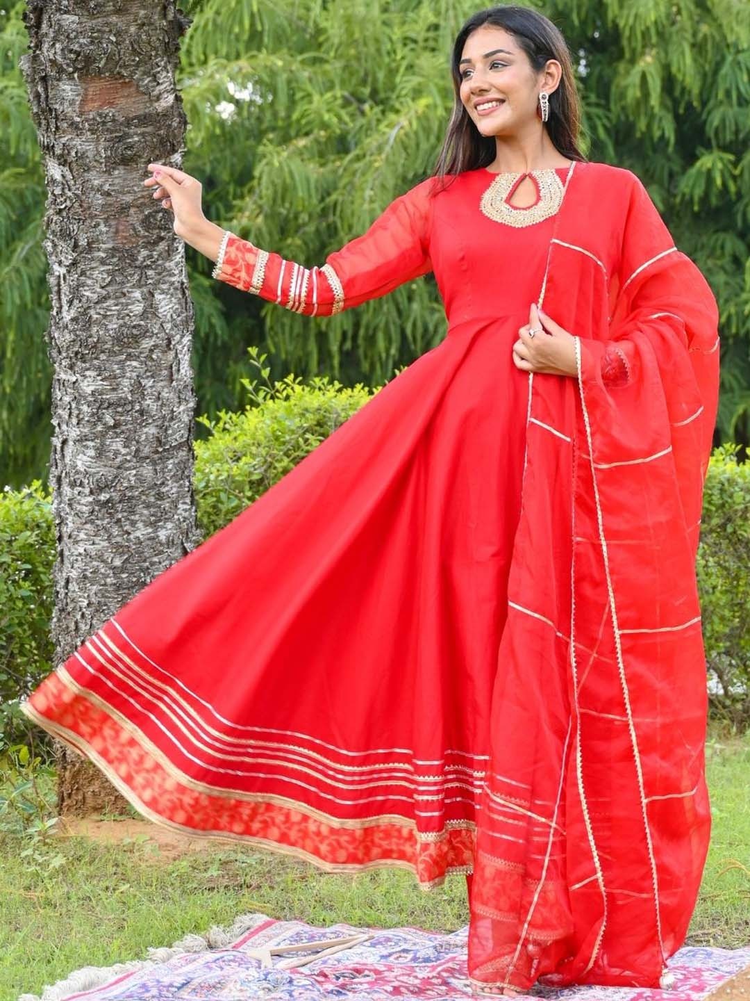 

HOUSE OF JAMOTI Women Red Printed Angrakha Gotta Patti Pure Cotton Kurta with Trousers & With Dupatta