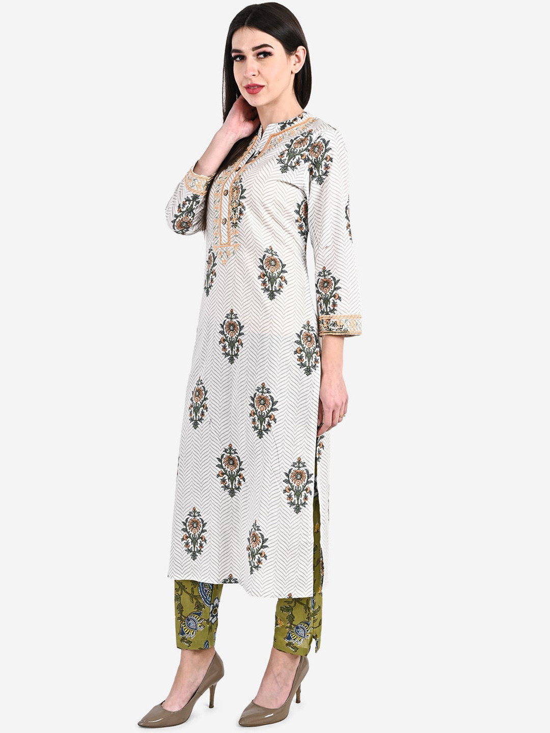 

Be Indi Women Off White Floral Printed Pure Cotton Kurta with Trousers & With Dupatta