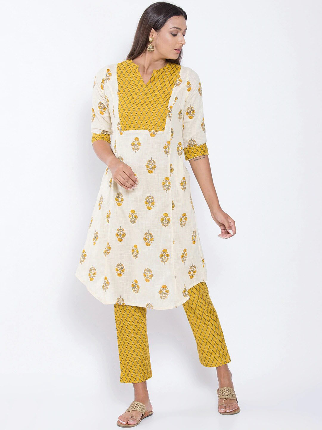

Be Indi Women Mustard Yellow Floral Yoke Design Pure Cotton Kurta with Trousers