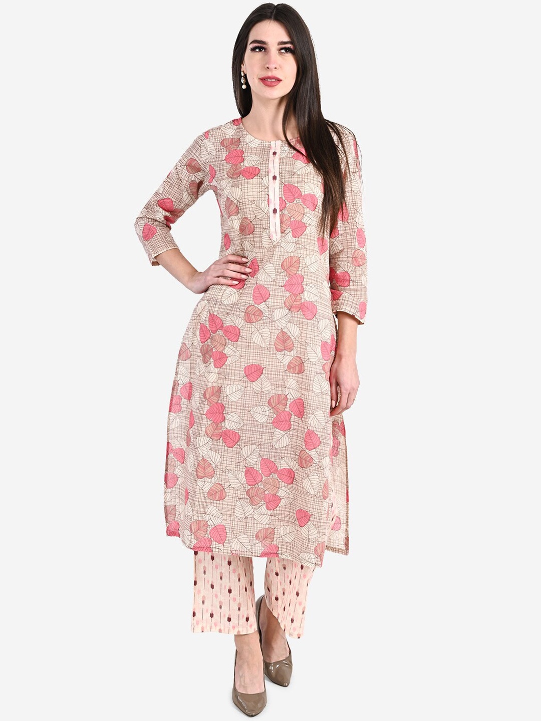 

Be Indi Women Beige Floral Printed Pure Cotton Kurta with Palazzos