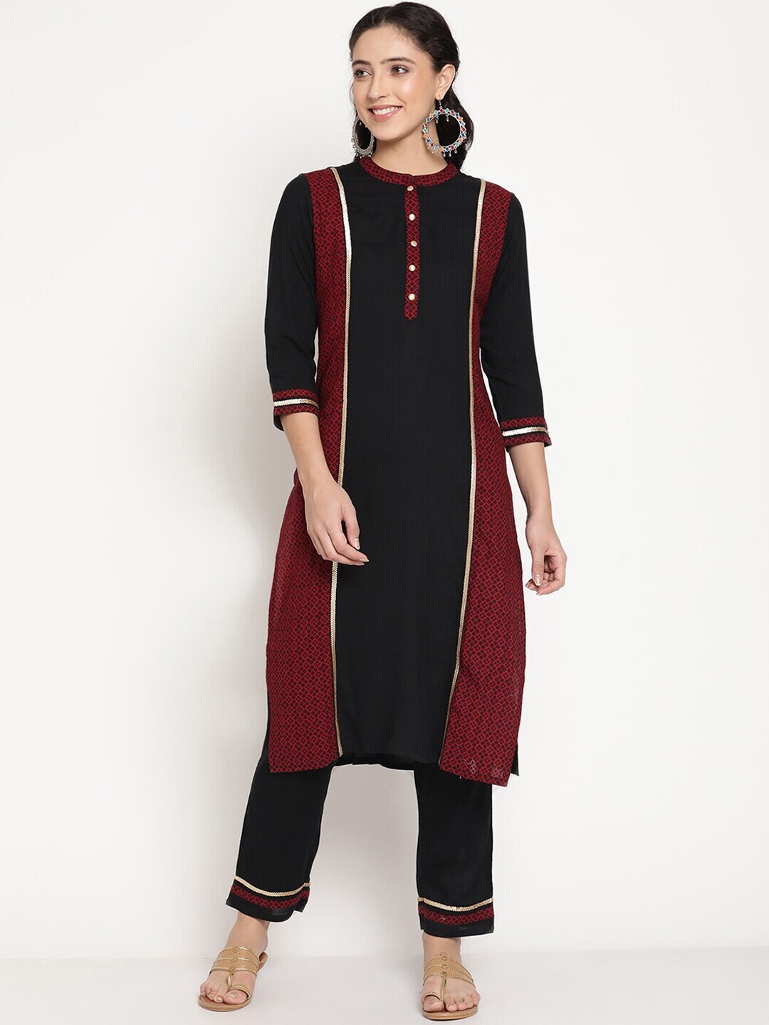 

Be Indi Women Ethnic Motifs Printed Straight Kurta with Trousers Set, Black