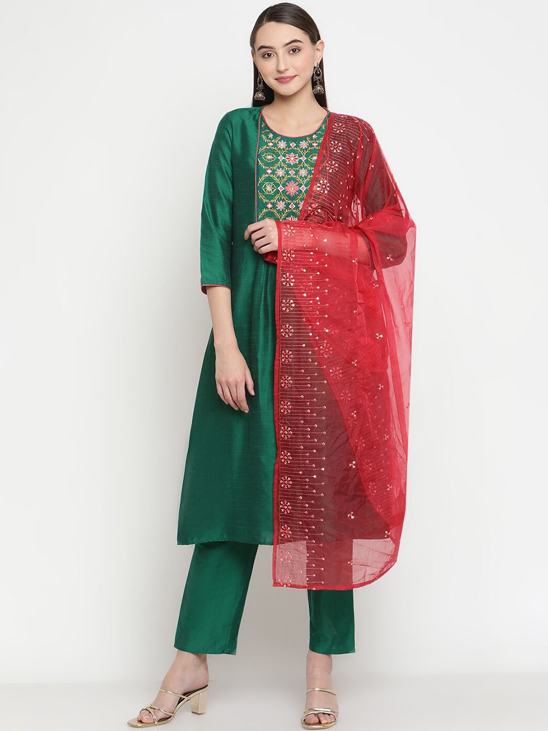 

Be Indi Women Floral Yoke Design A-Line Kurta with Trousers & Dupatta, Green