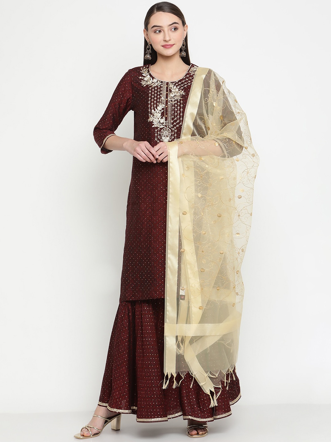 

Be Indi Ethnic Motifs Printed Thread Work Kurta with Sharara & Dupatta, Maroon