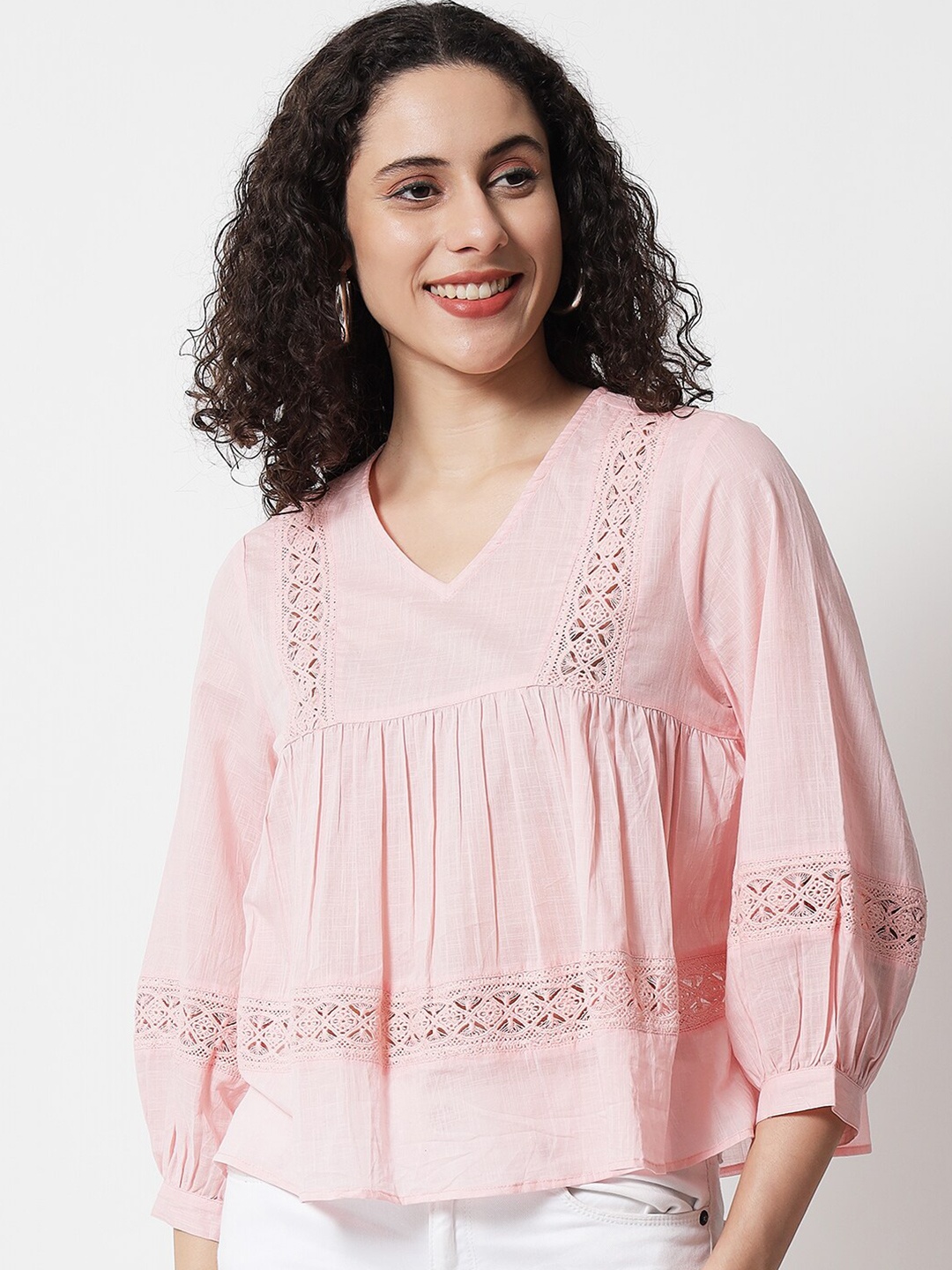 

CHARMGAL Lace Inserted Gathered A-Line Top, Pink