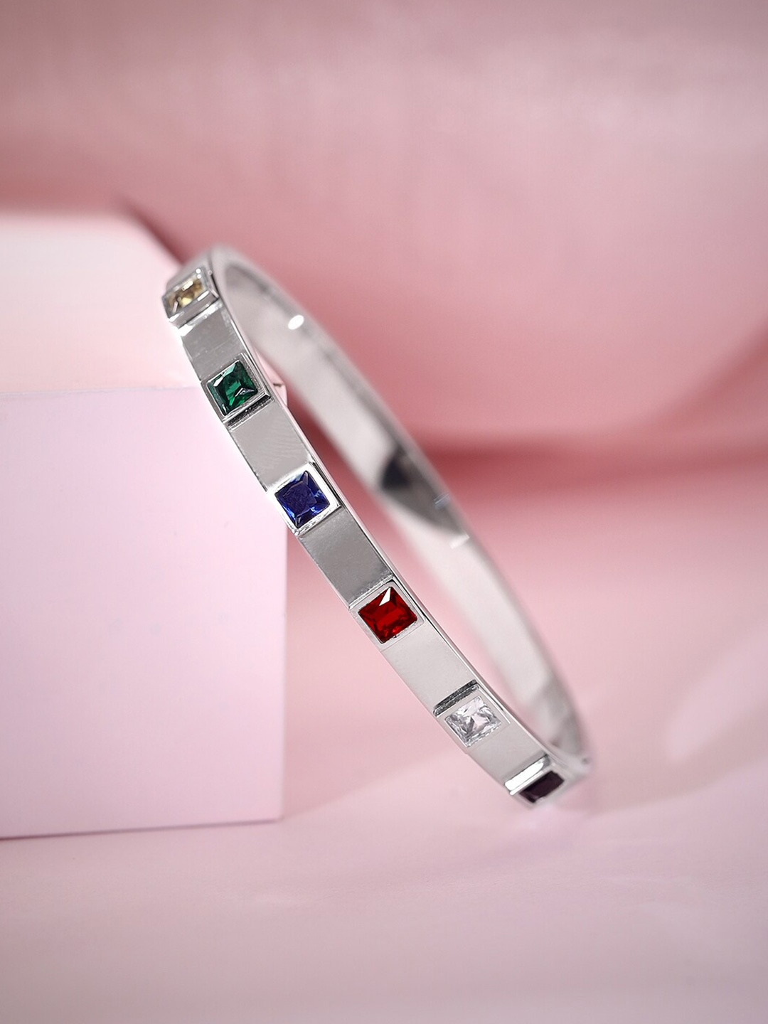 

Rubans Voguish Women Brass Cubic Zirconia Silver-Plated Kada Bracelet, Red