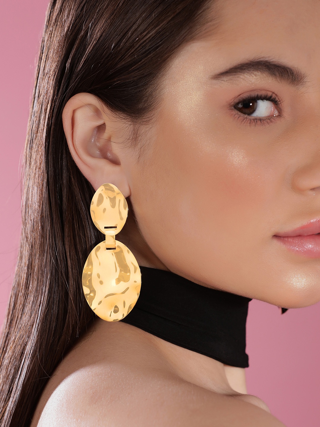 

Rubans Voguish 18K Gold Plated Hammered Oval Statement Drop Earrings, Yellow