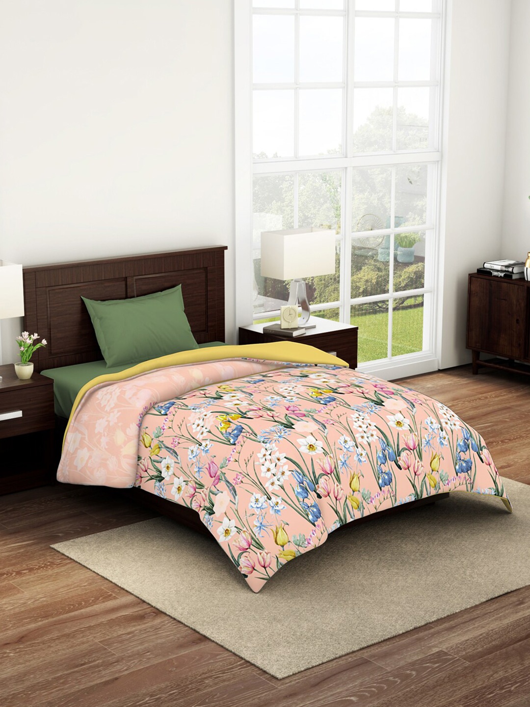 

SPACES Bonica Peach & White Floral Printed AC Room 210 GSM Double Bed Quilt