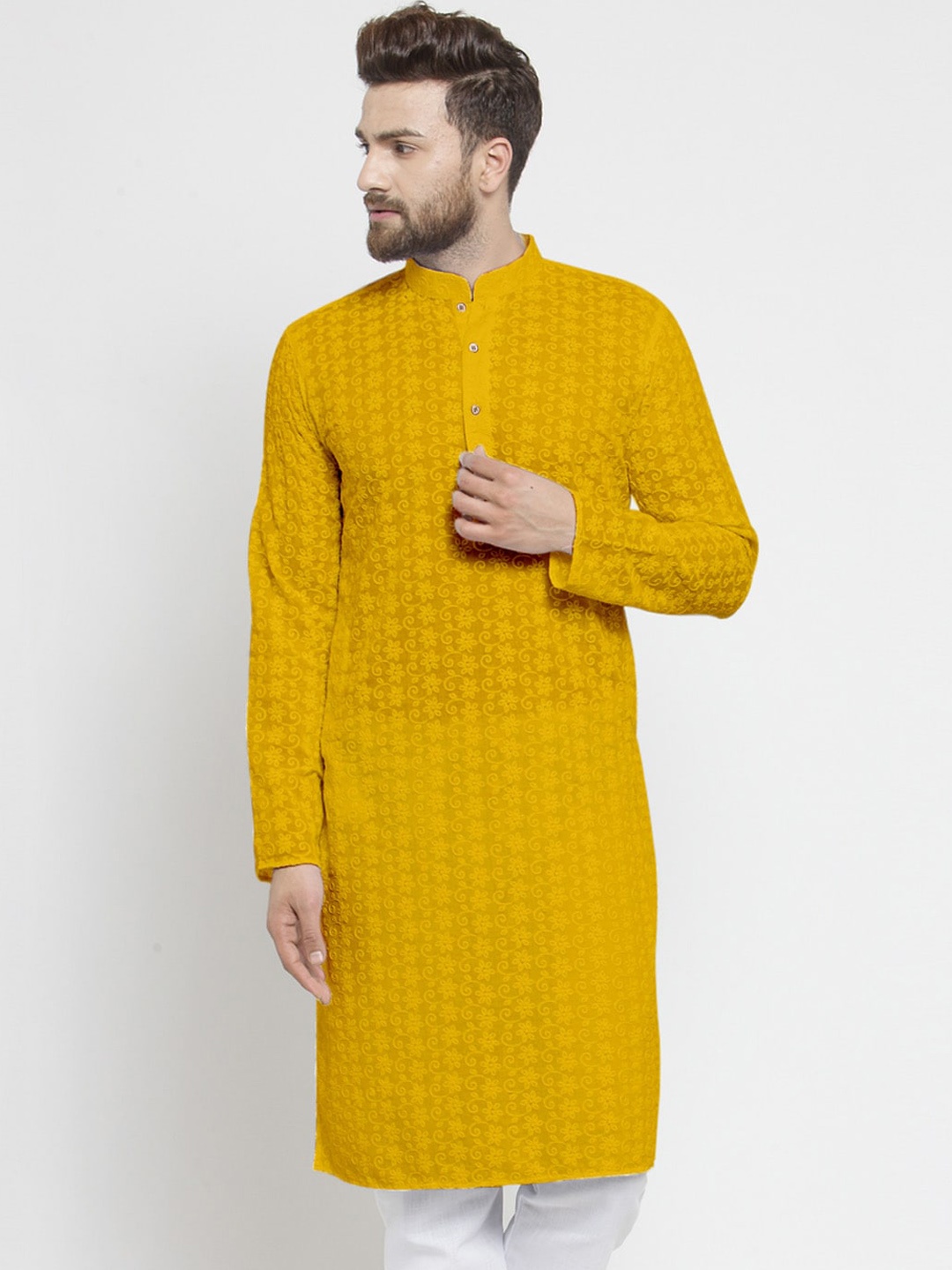 

TREEMODA Floral Embroidered Cotton Straight Kurta, Mustard