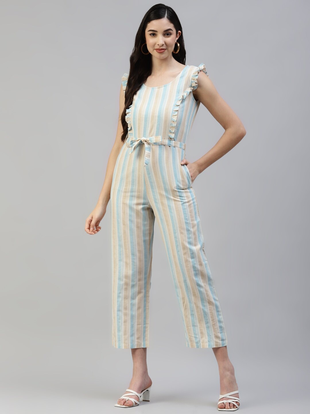 

Poshak Hub Striped Cotton Waist Tie-Ups Basic Jumpsuit, Blue