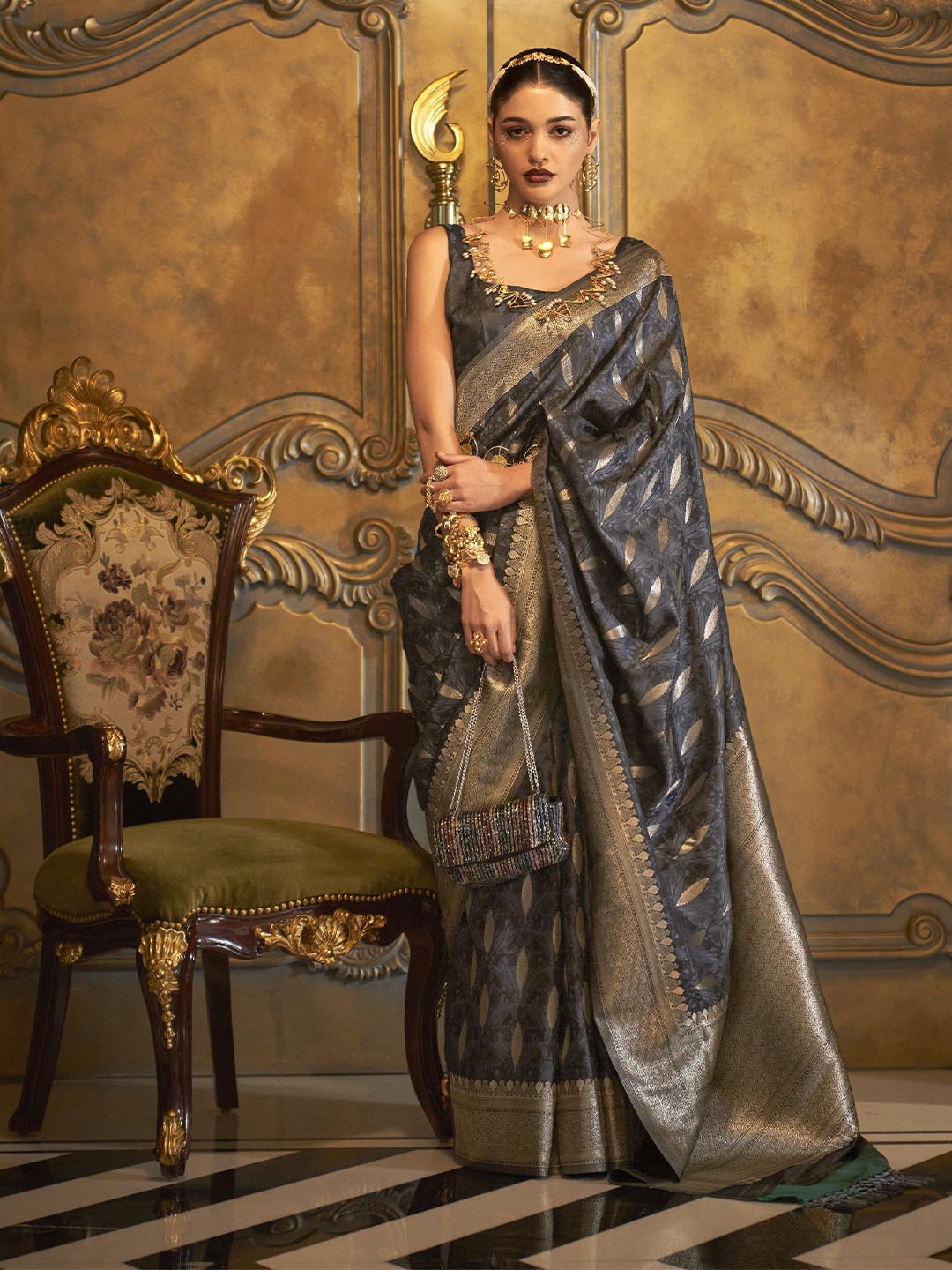 

elora Ethnic Motifs Woven Design Zari Satin Silk Banarasi Saree, Grey