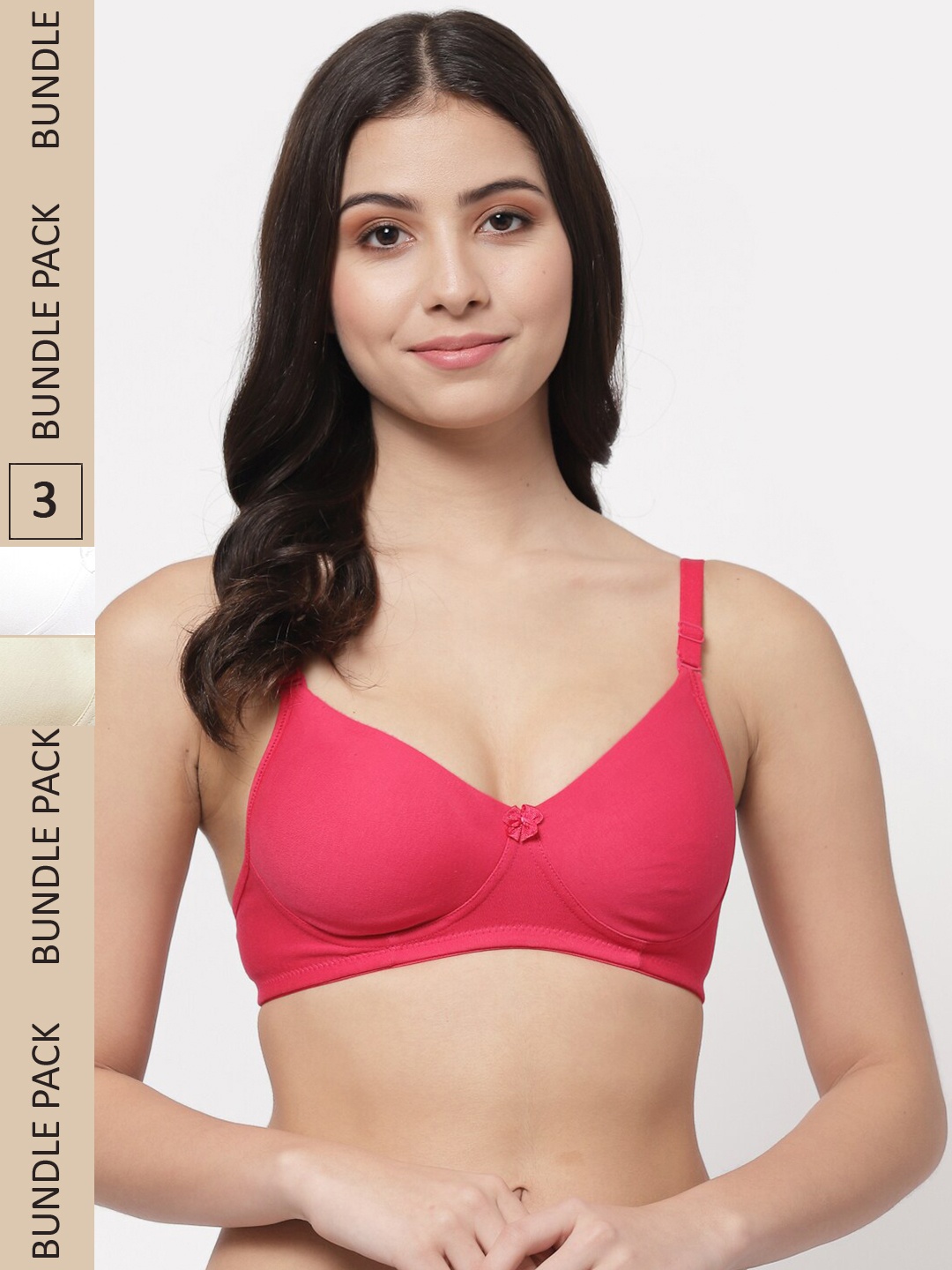 

College Girl Pack Of 3 Lightly Padded Non-Wired Cotton T-shirt Bra, Fuchsia