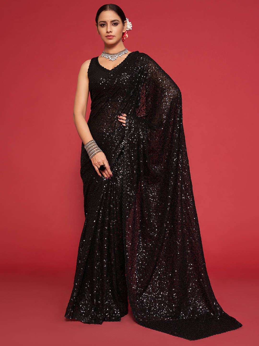 

FABPIXEL Sequined Pure Georgette Saree, Black