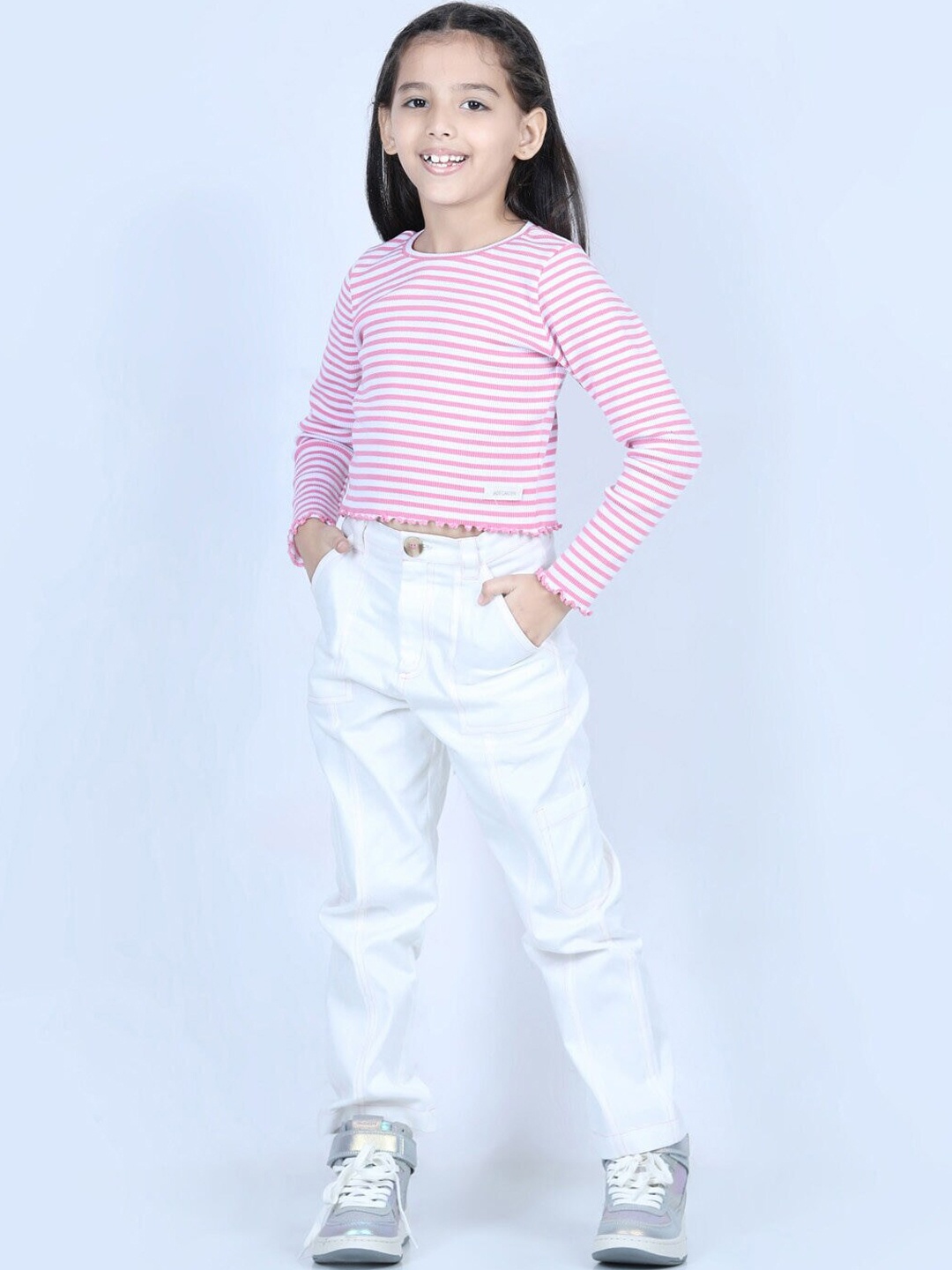 

Jade Garden Girls Striped Round Neck Top With Cargo Pants, Pink