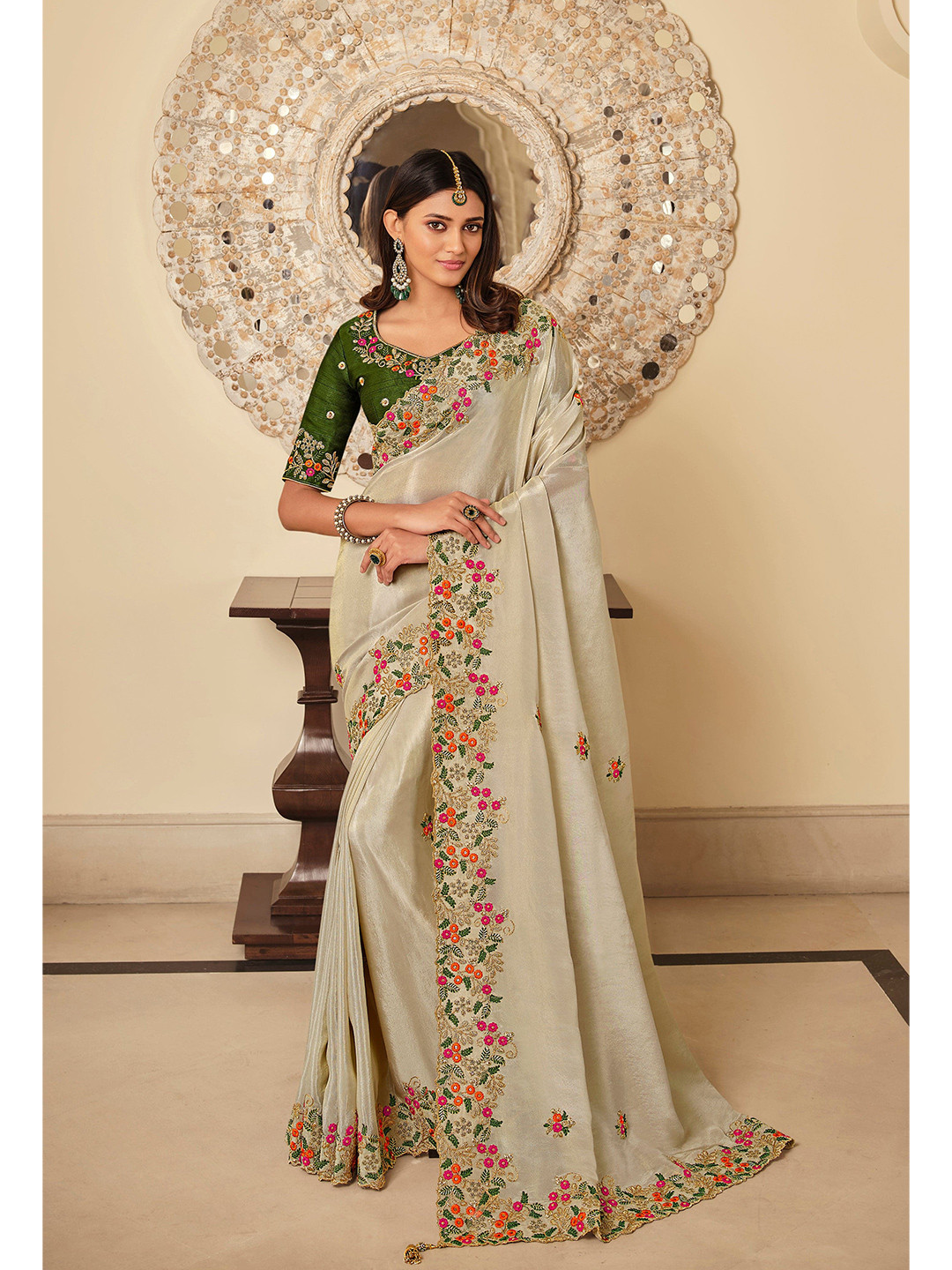 

Trendmalls Floral Embroidered Pure Linen Saree, Beige