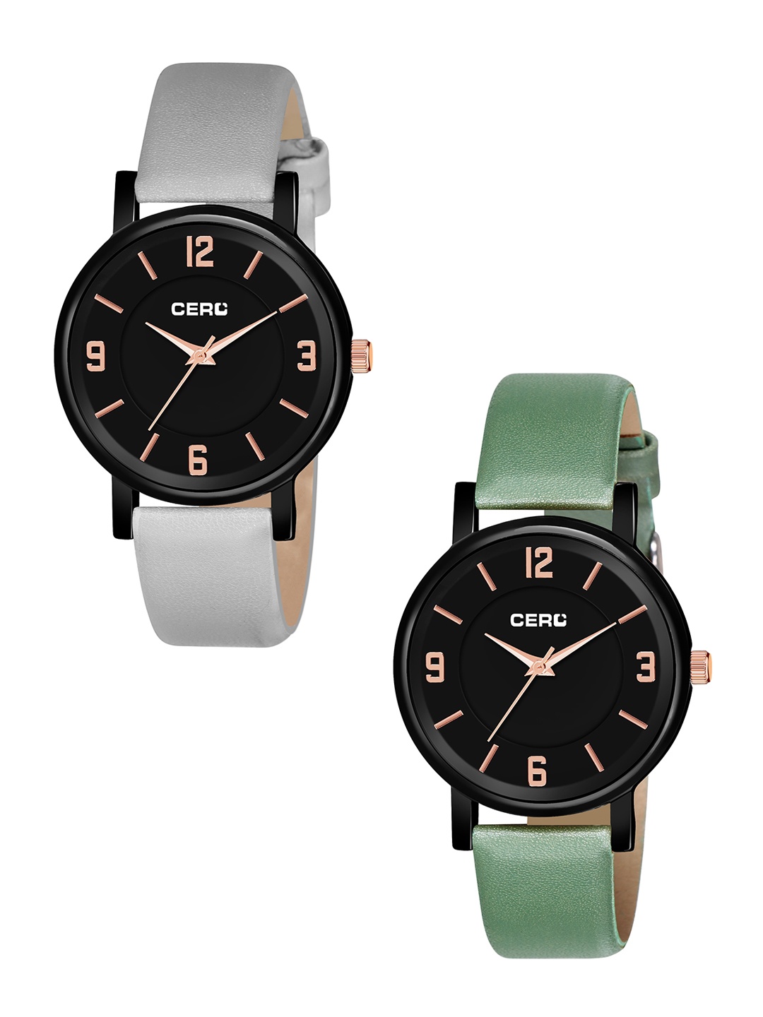 

CERO Pack Of 2 Brass Dial & Leather Straps Analogue Watch Com2-MJ222-B-Grey-Green, Black