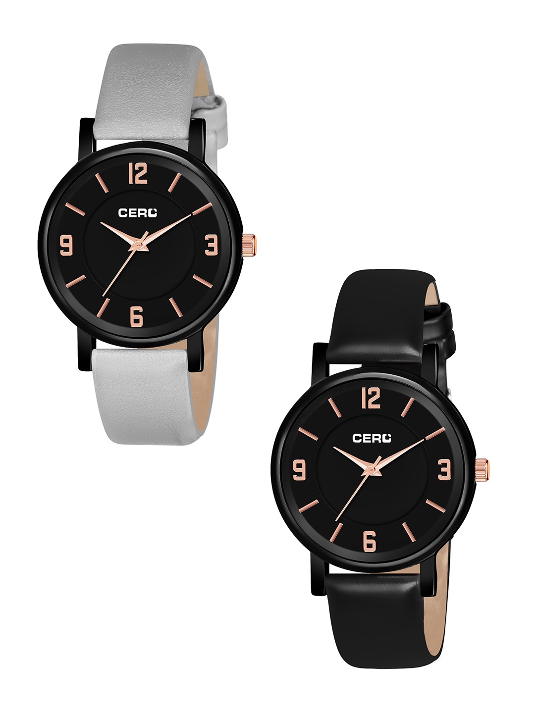 

CERO Pack Of 2 Brass Dial & Leather Straps Analogue Watch Com2-MJ222-B-Grey-Black