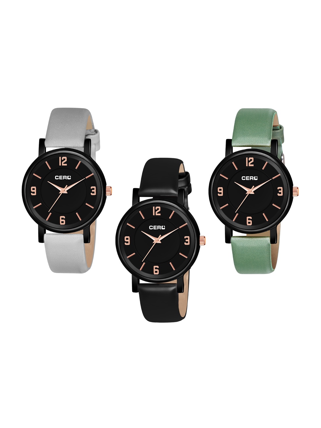 

CERO Pack of 3 Brass Stainless Steel Straps Analogue Watch Com3-MJ222-Grey-Black-Green