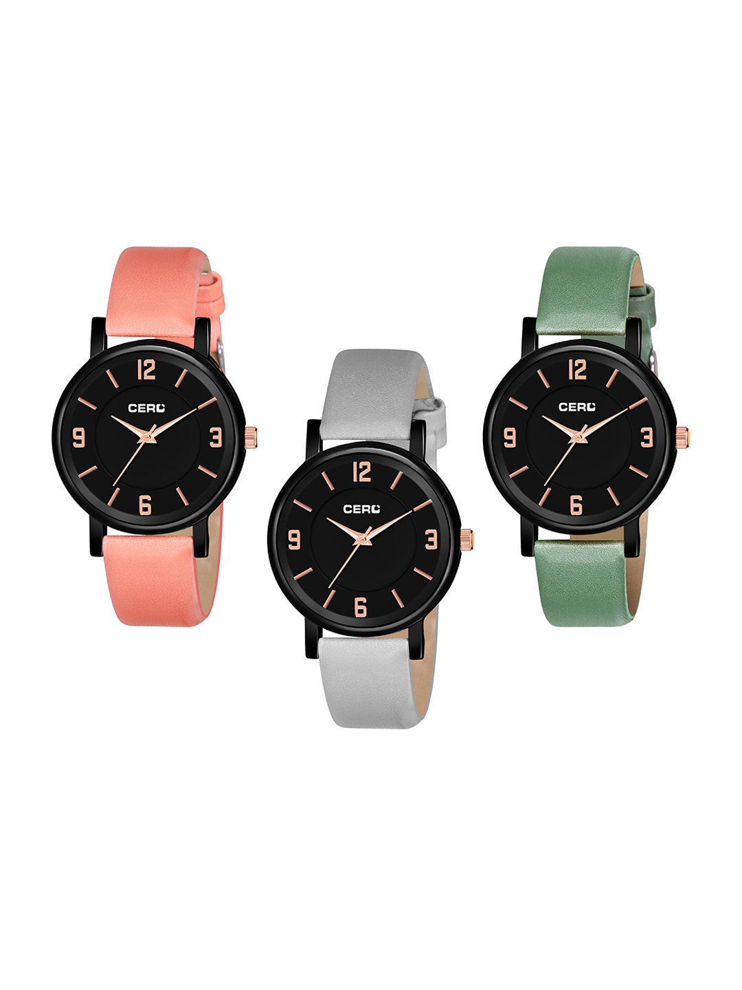 

CERO Set of 3 Brass Dial & Leather Straps Analogue Watch Com3-MJ222-Red-Grey-Green